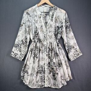 American Rag Sheer Pleated Dress Floral Long Sleeve Button-Up White/Black Size L